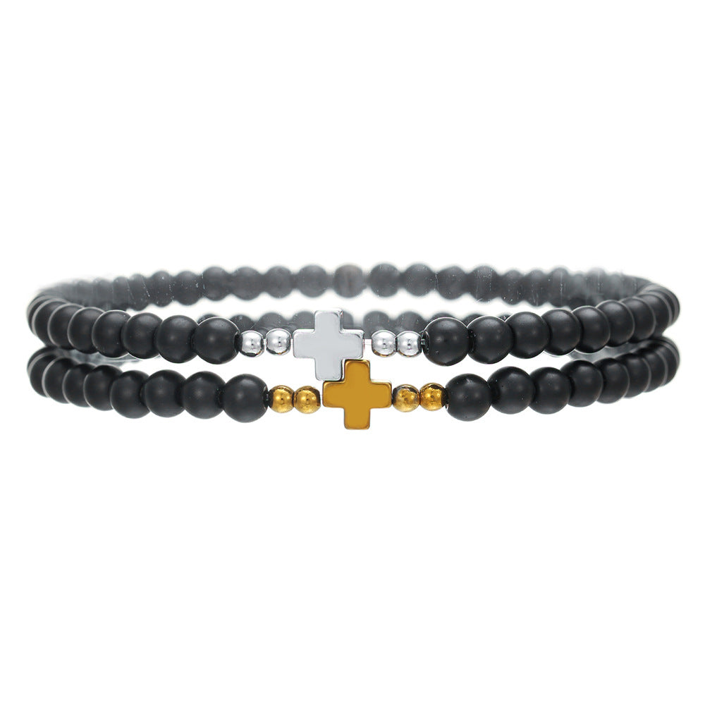 Geometric Black Hematite Beaded Bracelet Set for Couples Handmade Elastic Beach Style Hip Hop Jewelry