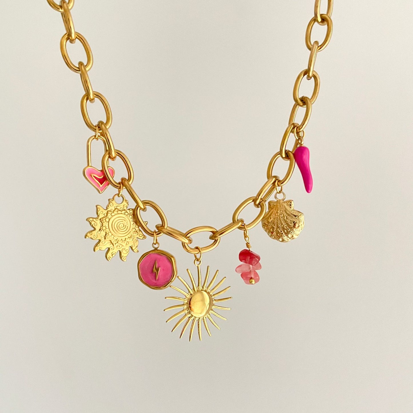 Rustic Floral Heart-Shaped Titanium Steel Necklace with Cherry and Watermelon Pendant, Electroplated, Fresh and Sweet Style for Women