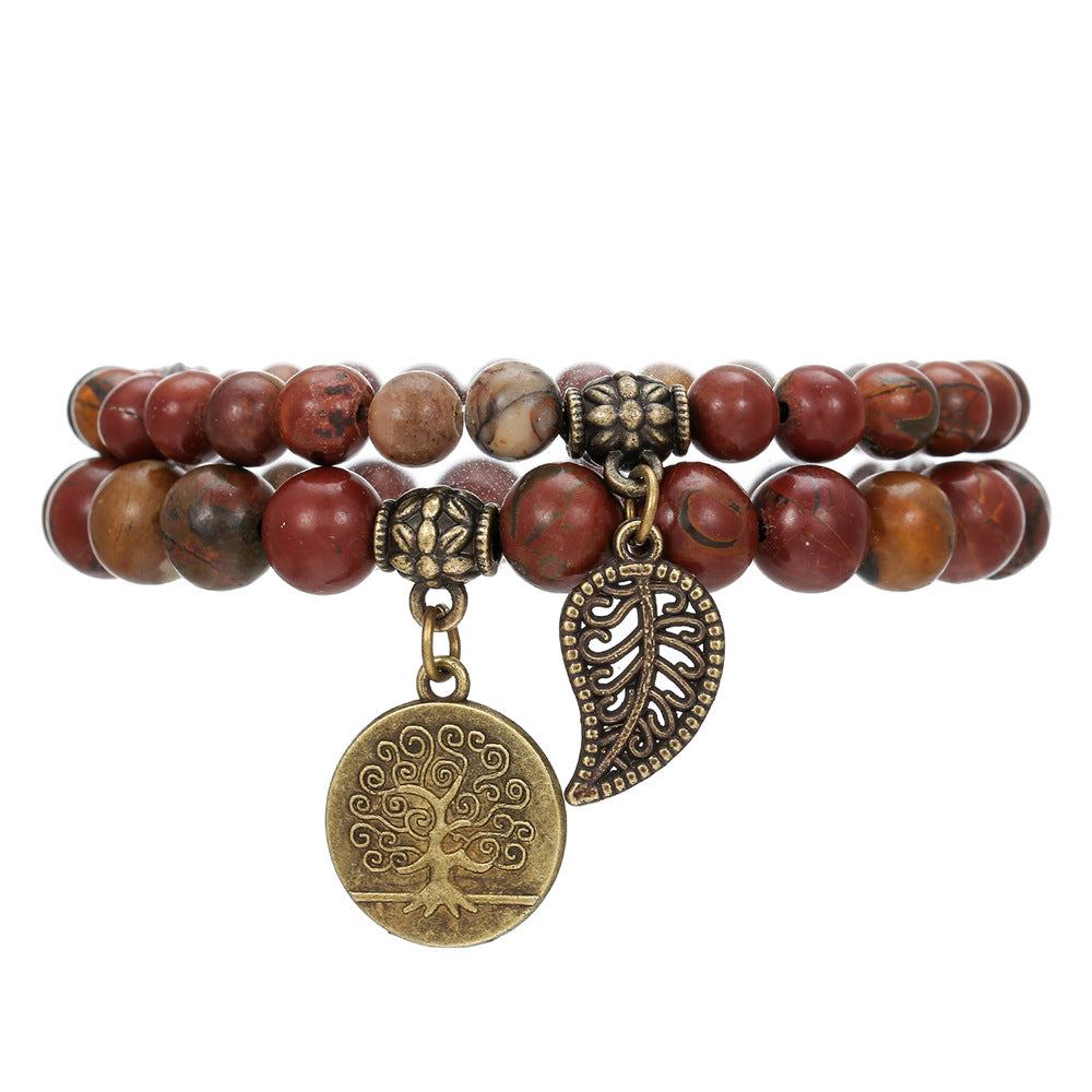 Minimalist Men's 6mm 8mm Round Stone Beaded Bracelet with Alloy Tree of Life Pendant