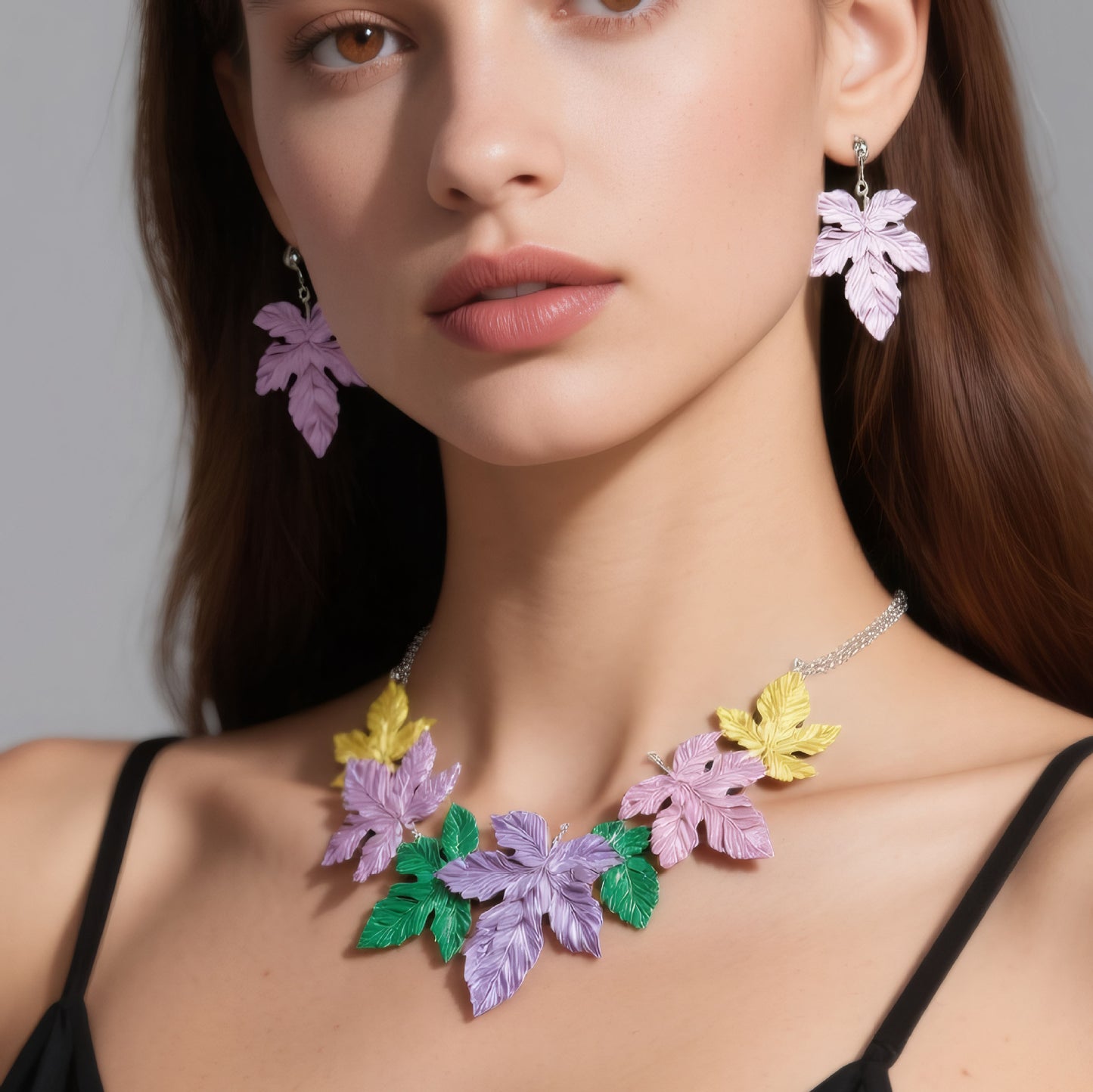 Exaggerated Vintage Maple Leaf Enamel Alloy Necklace and Earrings Set with Leaf Motif for Women