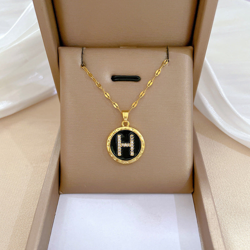 Minimalist Geometric Titanium Steel Plated Necklace and Earrings Set with Enamel Letter Design for Women