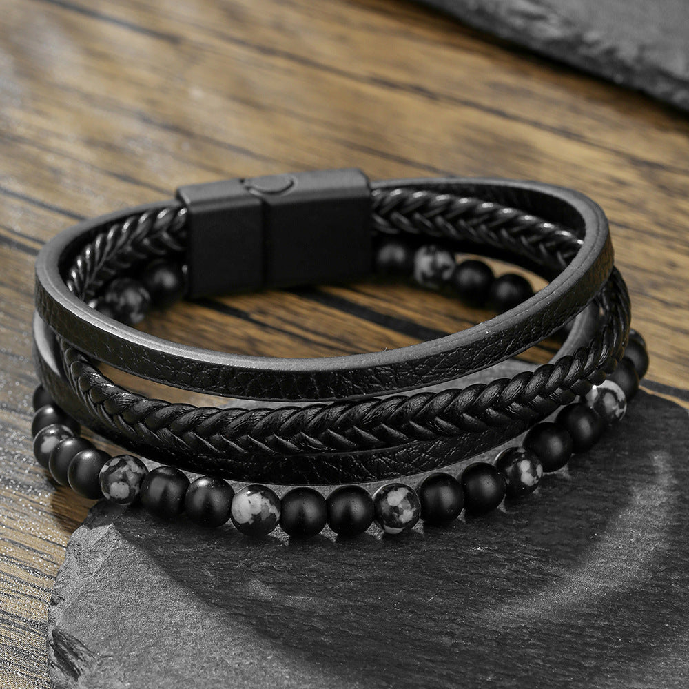 Men's Woven Leather Bracelet with Natural Black Agate and Tiger's Eye Beads Geometric Round Multi-layer Clasp