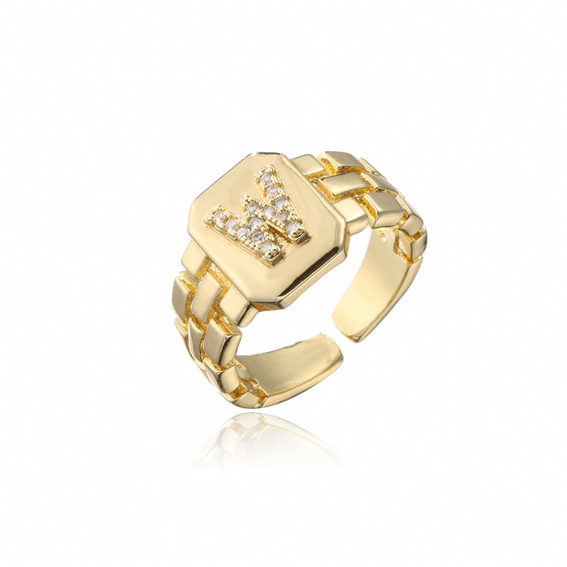 Minimalist Adjustable Open Ring with 18K Gold Plated Copper Band and AAA Zircon Letters Design