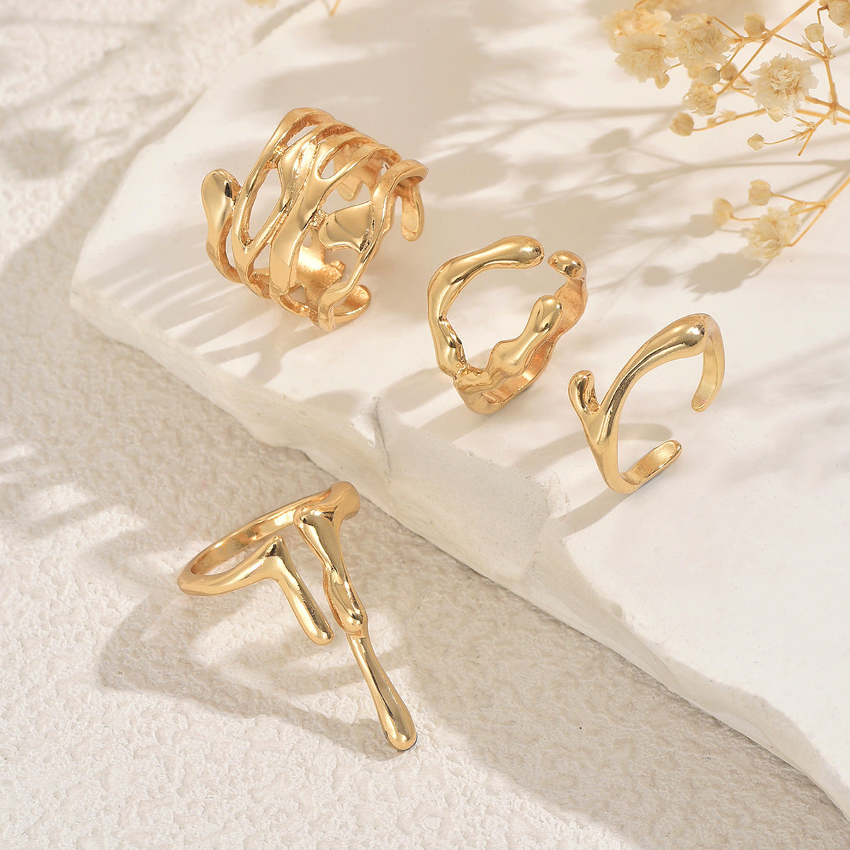 Conjunto de anillos abiertos para mujer con diseño de lava irregular geométrica, anillos de moda chapados en aleación de zinc con estilo minimalista moderno