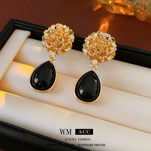 Vintage Floral Drop-Shaped Alloy Earrings with Gold-Plated Finish and Stainless Steel Posts for Women