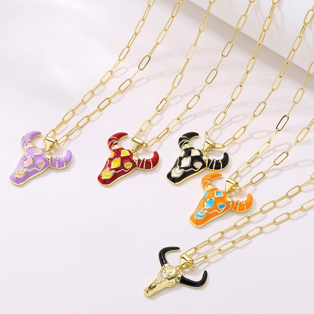Minimalist Bull Pendant Necklace for Women in Copper with 18K Gold Plating and Enamel Finish