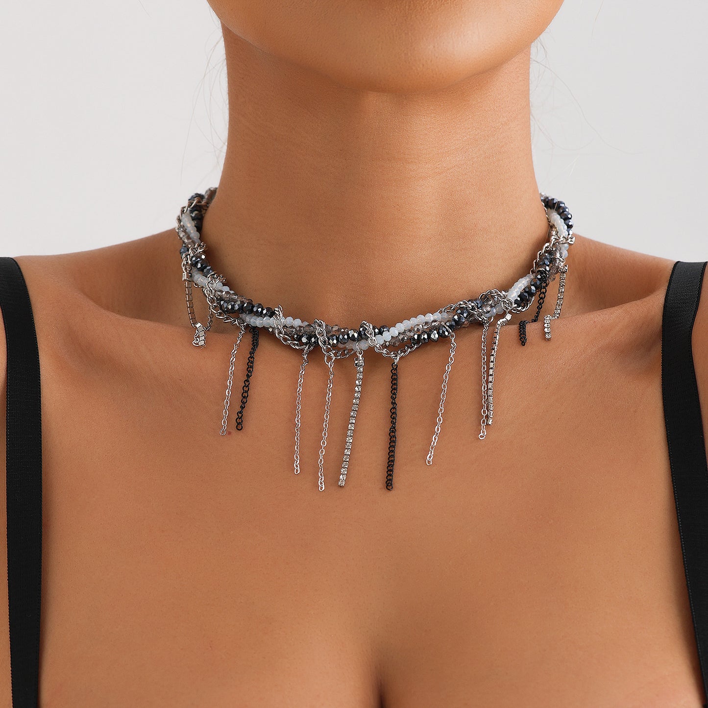 Minimalist Geometric Tassel Glass Beaded Clavicle Necklace with Plated Alloy Pendant for Women