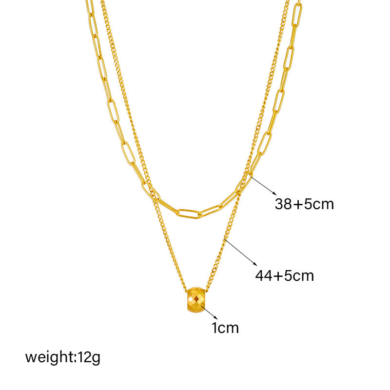 Minimalist Luxury Double-Layer Titanium Steel Necklace with Faceted Round Pendant and Adjustable Chain for Women