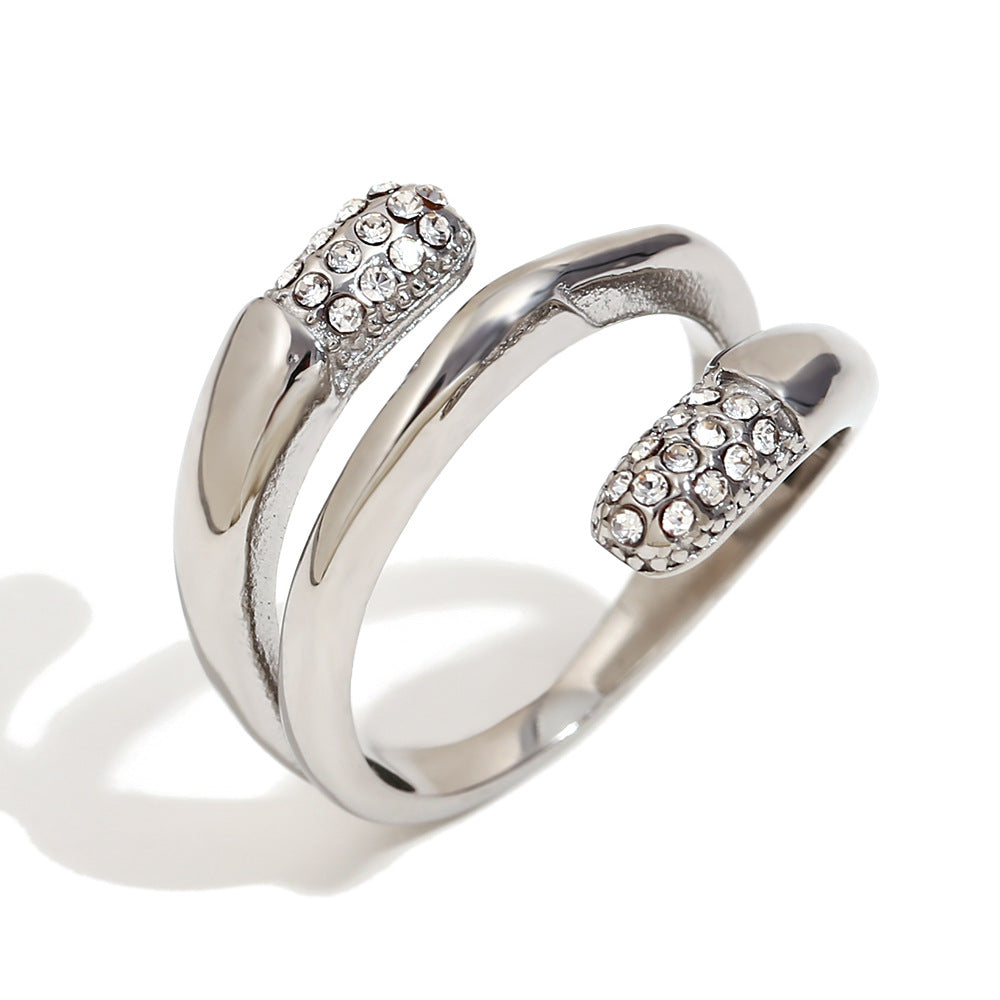 Creative Geometric Stainless Steel Ring with 18K Gold Plating and Rhinestone Accents for Women