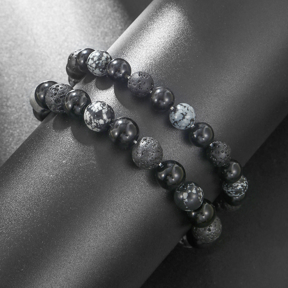 Vintage Ethnic Handmade Stone Beaded Bracelet Unisex 12mm 10mm 8mm Round Lava Snowflake Stone Elastic String