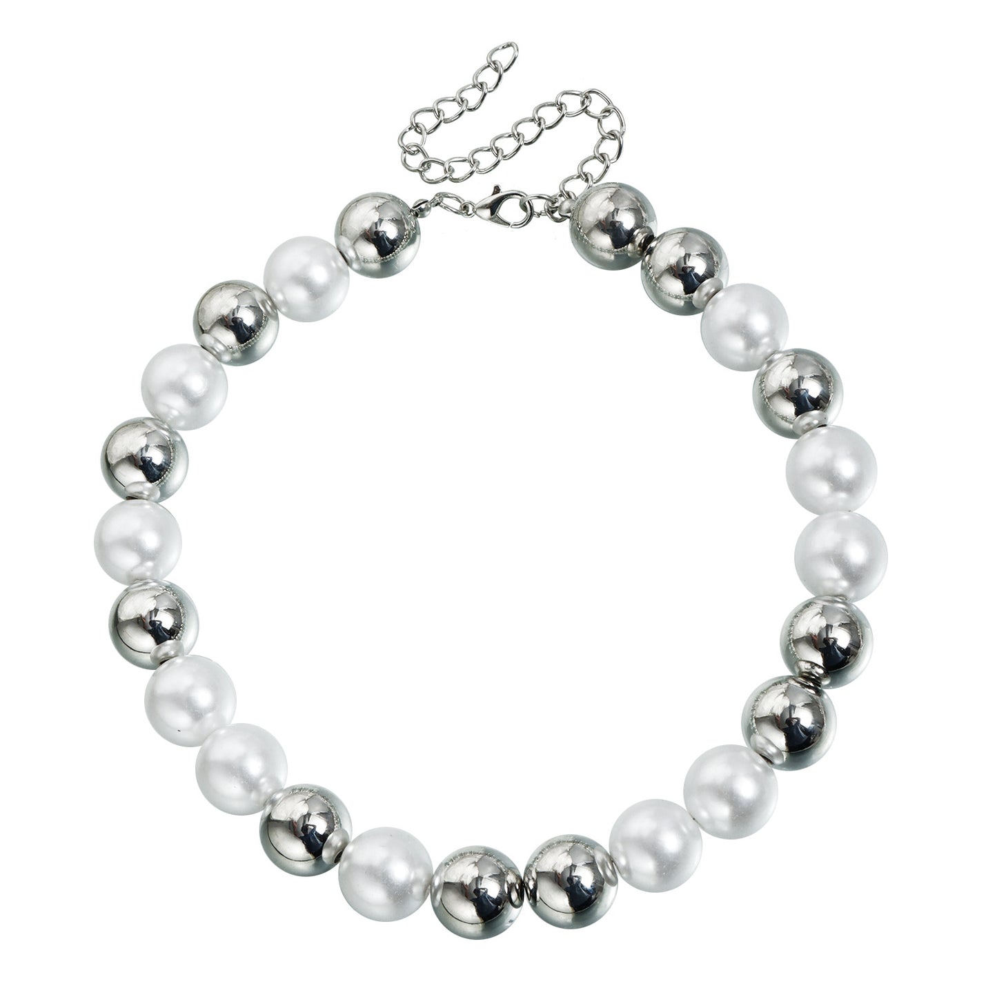 Exaggerated Geometric Silver Plated ABS Necklace with Large Pearl and Alloy Ball Pendant for Women