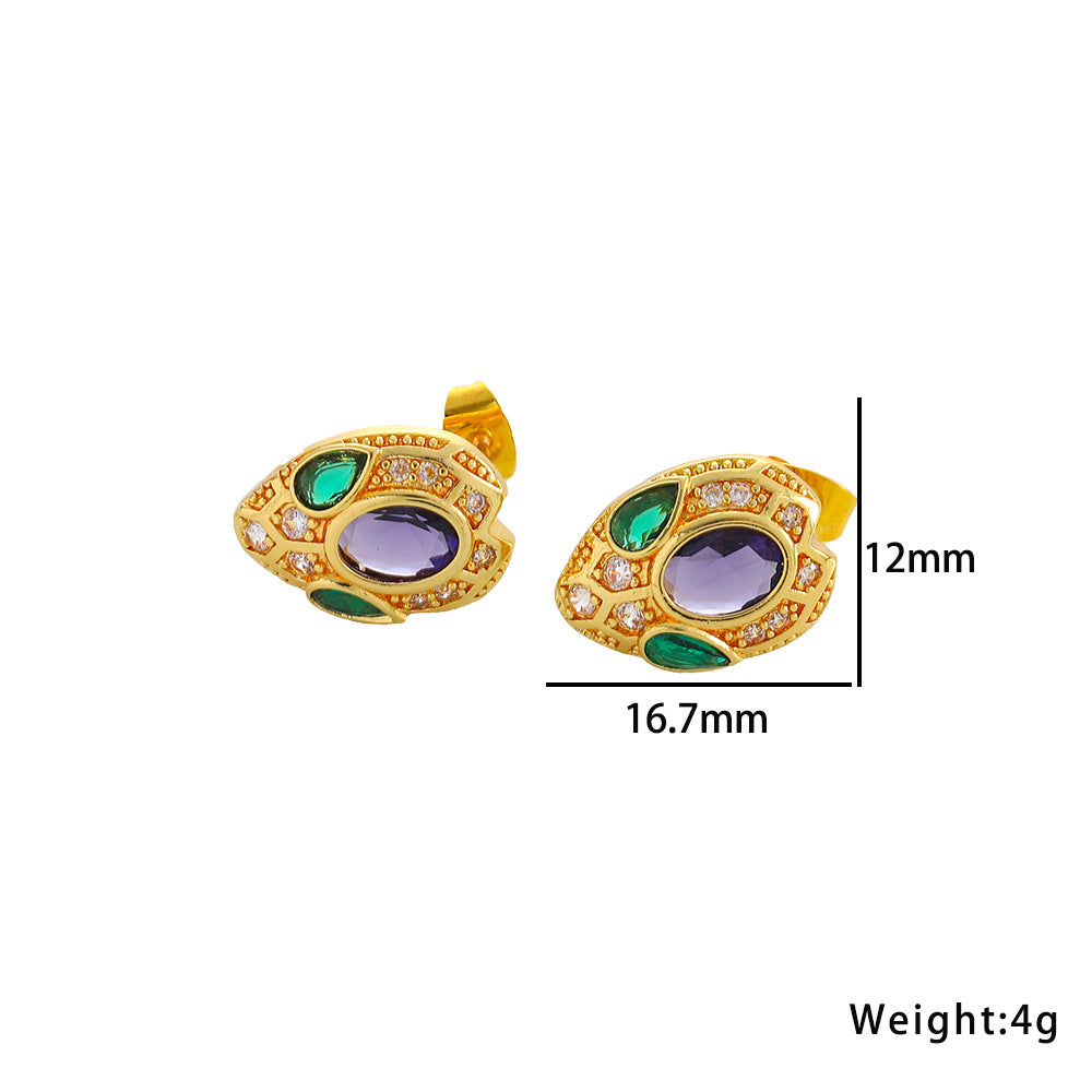 Parure di lusso con collana, orecchini e anello a forma di serpente in acciaio al titanio, con zirconi e pendente in ametista, placcatura sottovuoto ipoallergenica, design a catena a O