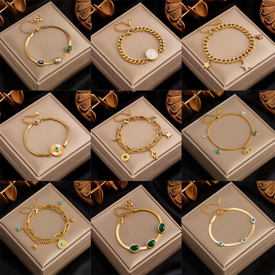 Fashionable Vintage-Inspired Titanium Steel Bracelet with Rhinestone-Inlaid Star and Round Pendant for Women