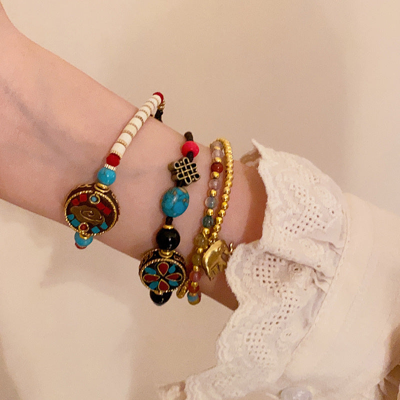 Vintage Ethnic Geometric Round Alloy Beaded Bracelet for Women