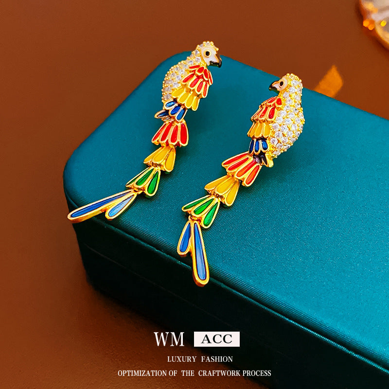 Vintage-Style Parrot-Shaped Earrings in Gold-Plated Copper with 925 Sterling Silver Posts for Women
