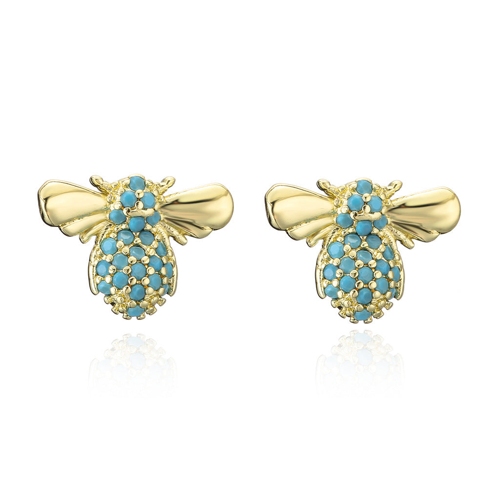 Geometric Insect Design Copper Earrings with Real Gold Plating and Zirconia Accents for Women