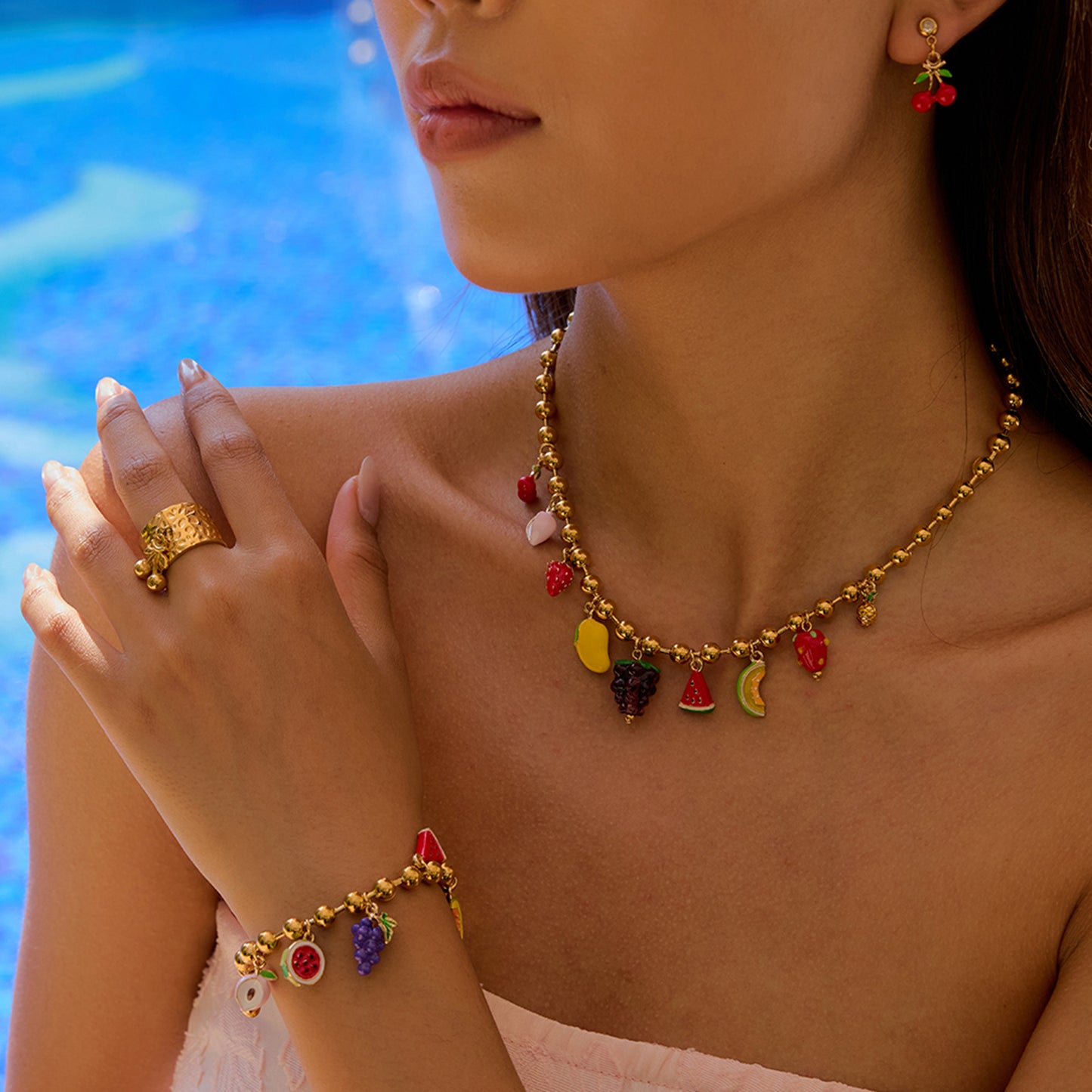 Luxury Casual Fruit Pattern Plated Stainless Steel Titanium Steel Necklace Bracelet Set for Women
