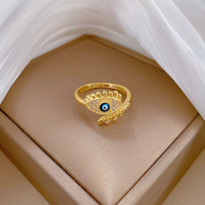 Minimalist Sweet Gold Plated Brass Eye Ring with Rhinestones Adjustable Open Band for Couples