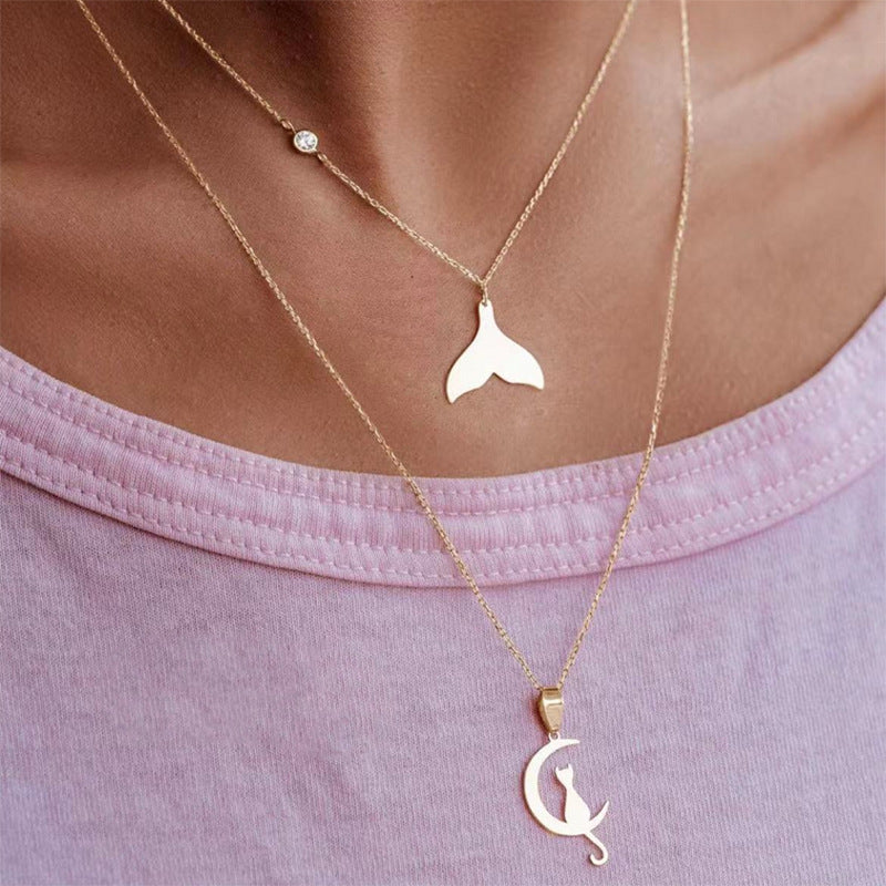 Collana con ciondolo a sirena gatto lunare geometrico in acciaio al titanio placcato oro su catena a O