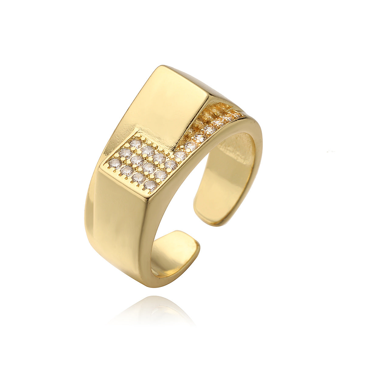 Anello Aperto Geometria Minimalista Vintage da Donna in Ottone Placcato Oro 18K con Intarsio di Zirconi
