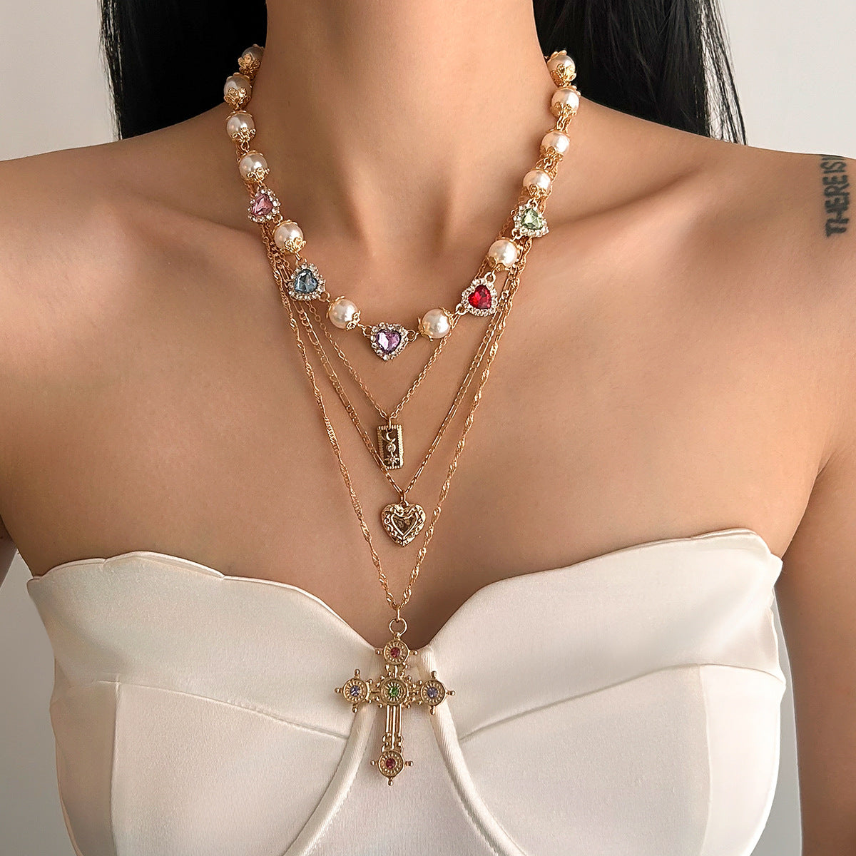 Sweet Cross Zinc Alloy Pendant Necklace with Rhinestone Pearl Beads Tassel Plated Chain for Women