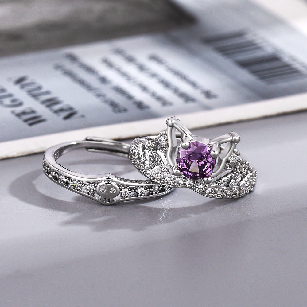 Anello regolabile con apertura stile cartone animato in lega di zinco con intarsi di strass per coppie