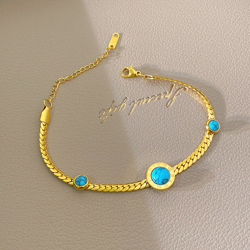 Minimalist Gold Plated Titanium Steel Cuban Link Chain Bracelet with Geometric Letter and Turquoise Inlay for Unisex