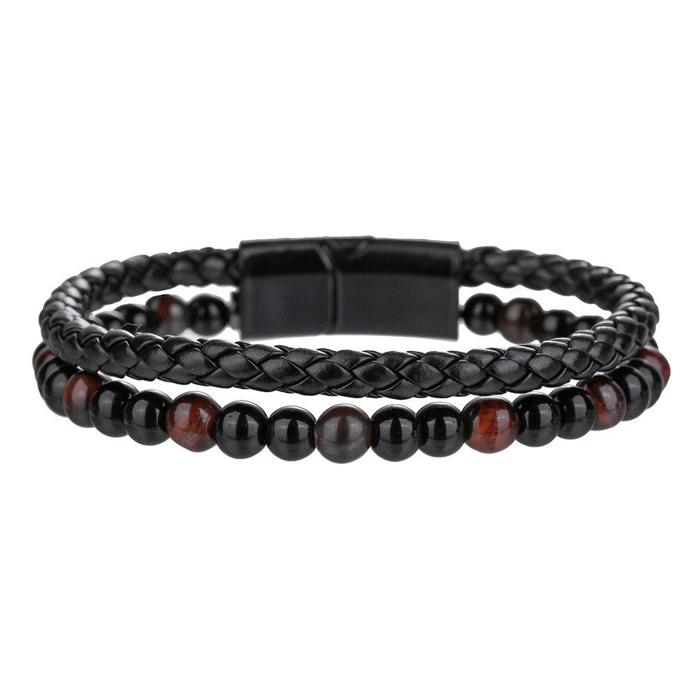 Hip-hop Punk Geometric Round Tiger's Eye Agate Hematite Leather Beaded Bracelet Set for Men