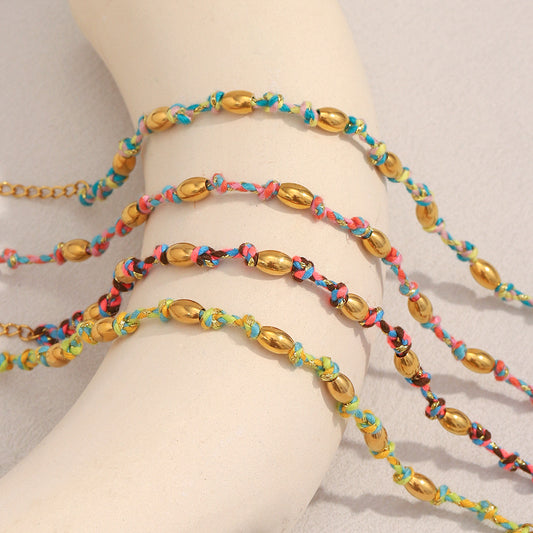 Fashionable Geometric Stainless Steel Plated 18K Gold Knotted Beaded Bracelet for Women