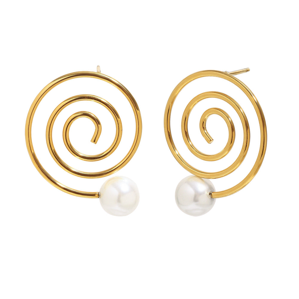 Orecchini da Donna a Perno Minimalisti Geometrici a Spirale Placcati Oro 18K in Acciaio Inossidabile con Perla