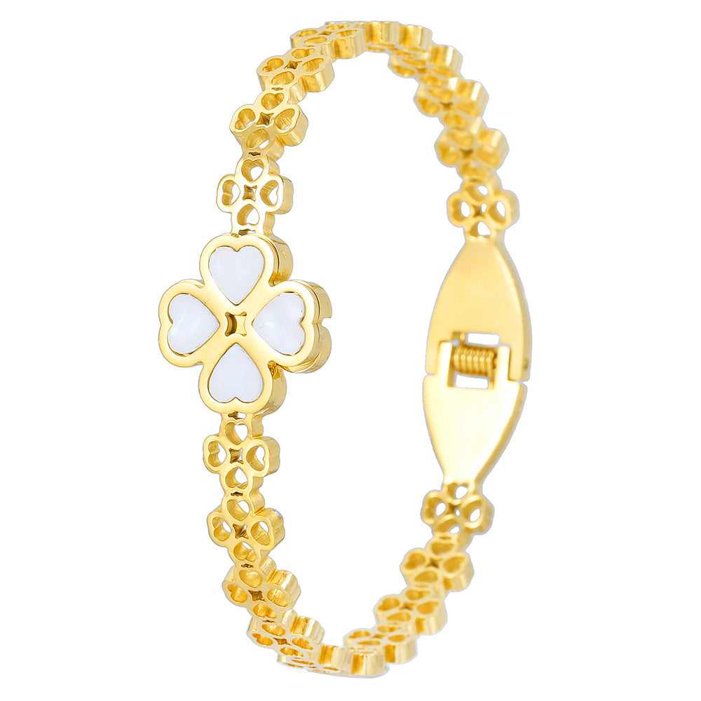 Geometric Round Titanium Steel Bracelet with Cubic Zirconia and Shell Design Plated Finish