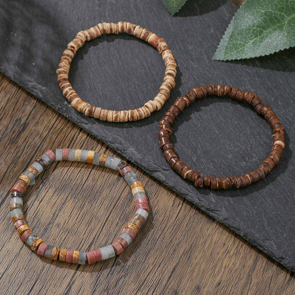 Hip-hop Geometric Wood and Natural Stone Beaded Bracelet for Men and Women