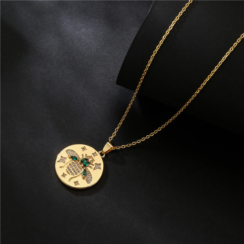 18K Gold Plated Round Animal Micro-Inlaid Cubic Zirconia Brass Pendant Necklace with Cable Chain