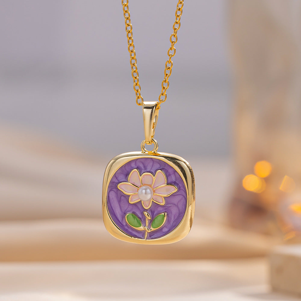 Baroque Style Leaf-Shaped Titanium Steel Necklace with Tulip Floral Motif, Vacuum-Plated for Hypoallergenic Wear, O-Chain Design