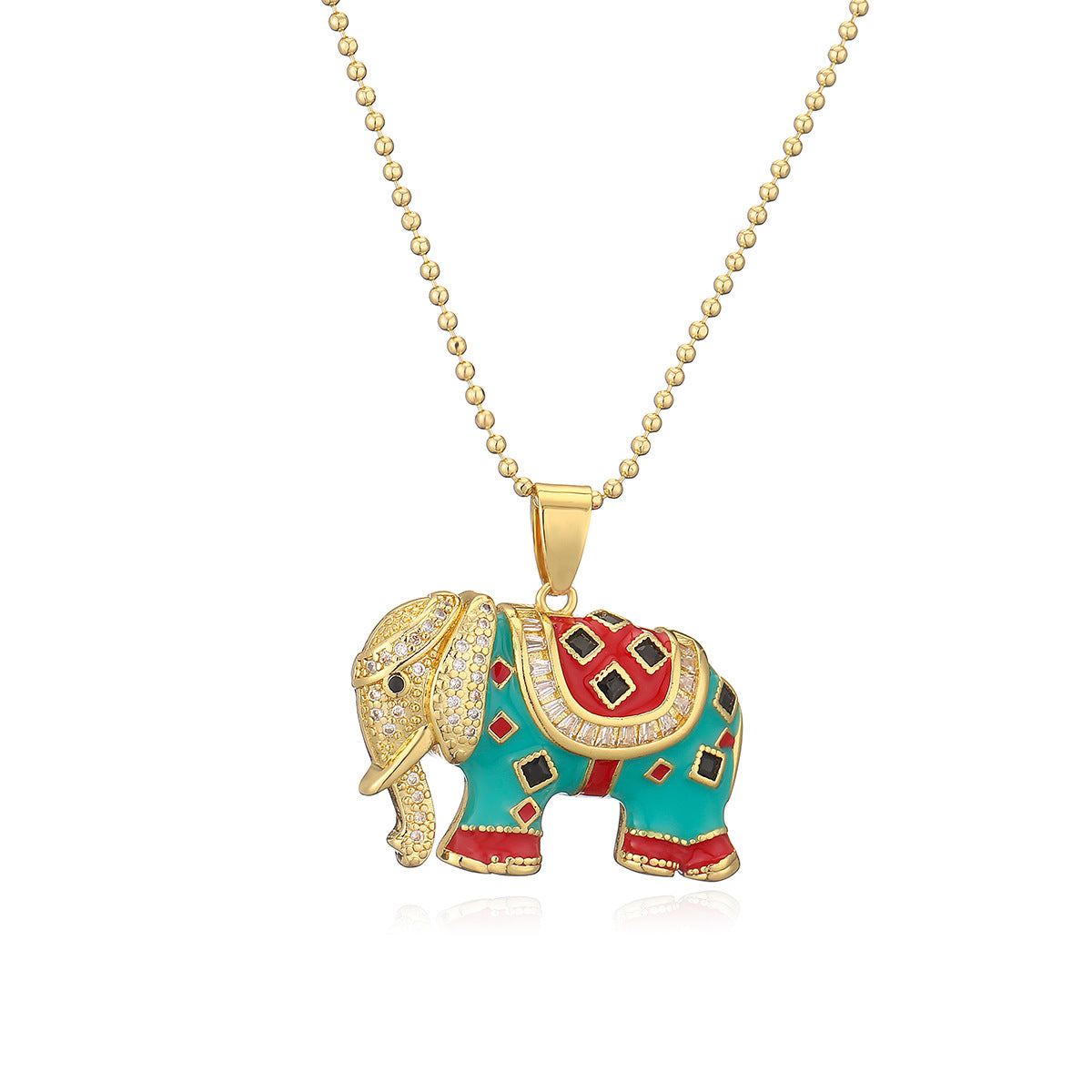 Collana da donna con ciondolo a forma di elefante minimalista, con base in rame placcata in oro 18K e finitura smaltata con zirconi cubici