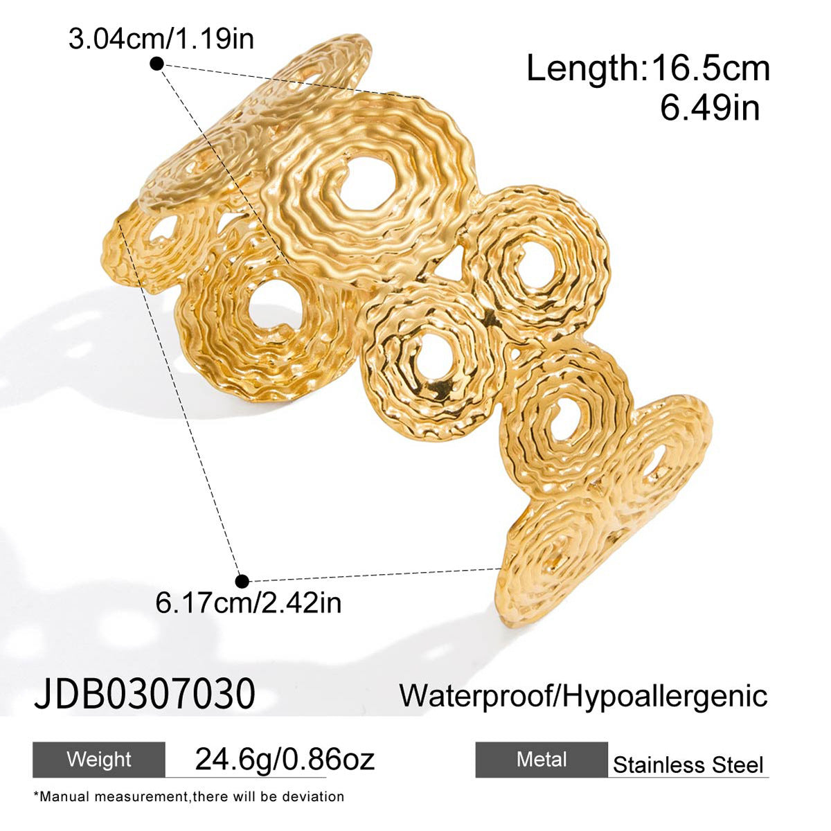 Bracciale rigido aperto da donna in acciaio inossidabile placcato oro 18K con motivo a colomba della pace
