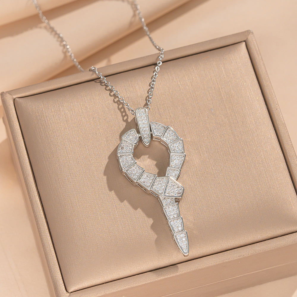 Luxury Minimalist Snake-Shaped Titanium Steel Necklace with Micro-Paved Cubic Zirconia Pendant and Matching Earrings Set