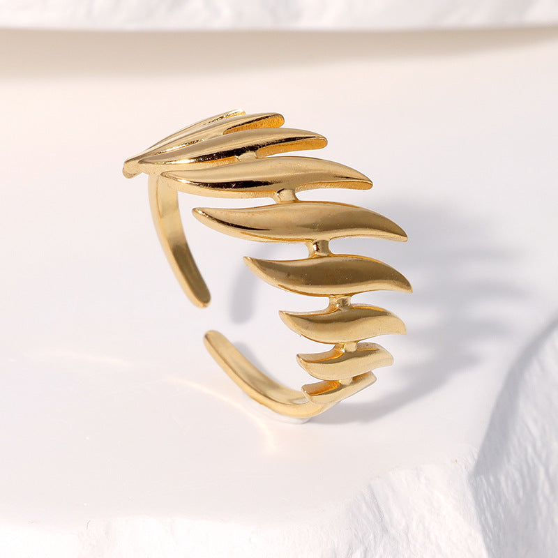 Anello Aperto Minimalista a Forma di Foglia in Acciaio Inox Placcato Oro 18K Gioielli di Moda per Donna