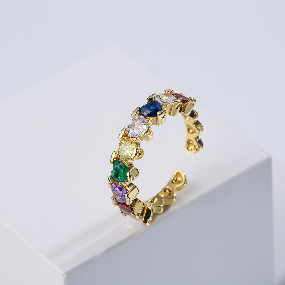 Geometric Open Ring in Copper with 18K Gold Plating and Colorful Zirconia, Minimalist Fashion Accessory for Women