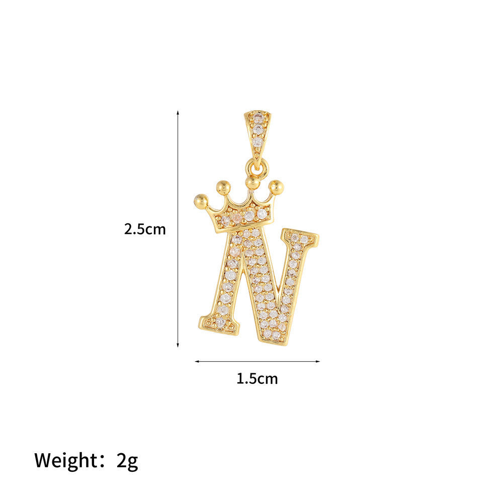 Gold Plated Brass Crown Letter Charm Bar with Cubic Zirconia for DIY Necklace Bracelet