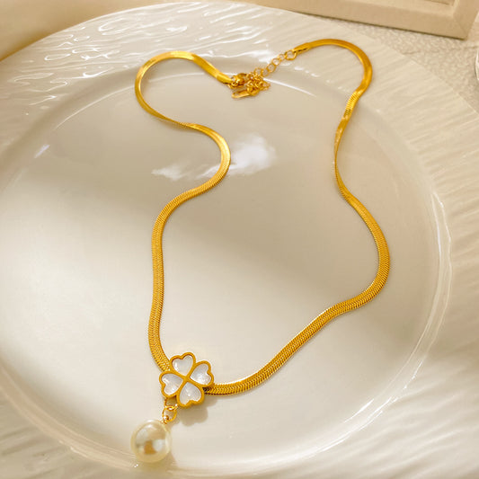 Elegant Gold Plated Four-Leaf Clover Pearl Tassel Necklace Titanium Steel Unisex