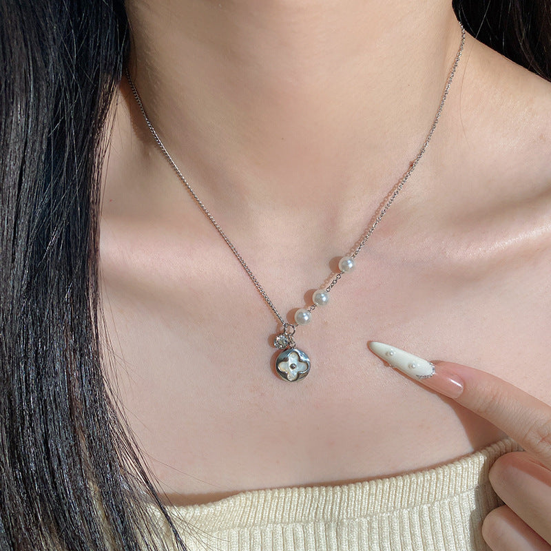 Elegant Gold Plated Titanium Steel Necklace with Micro-set Cubic Zirconia and Pearl for Unisex