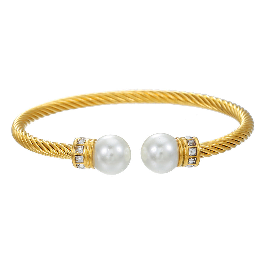 Geometric Round Stainless Steel Cable Chain Bracelet with Rhinestone and Pearl Inlay for Women