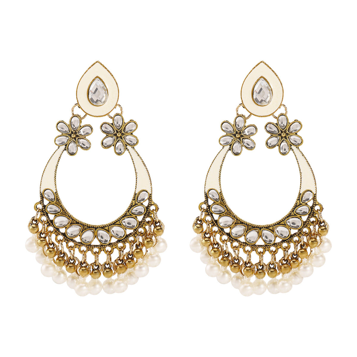 Pendientes de aleación con forma de gota de agua, estilo étnico vintage, con incrustaciones de perlas simuladas y detalle de borla para mujer