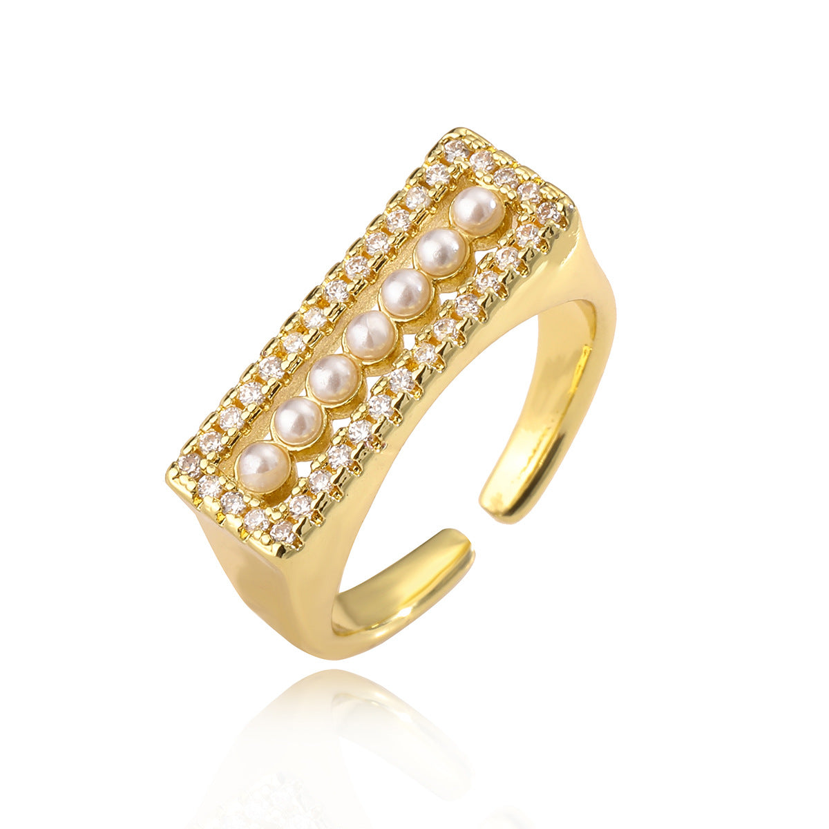 Anello Geometrico Minimalista Regolabile da Donna in Ottone con Placcatura in Oro Vero e Zirconi Micro-Incastonati