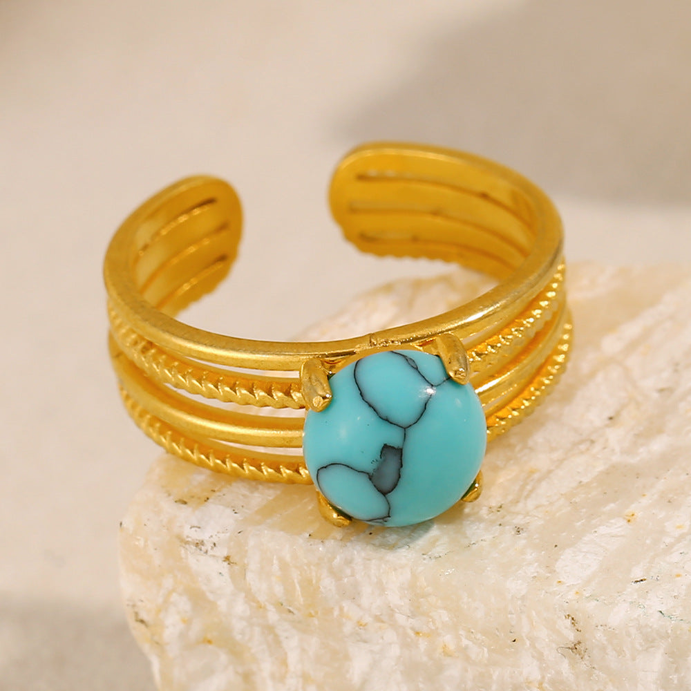 Fashionable Vintage French Style Geometric Stainless Steel Plated 18K Gold Half-Round Turquoise Ring for Women