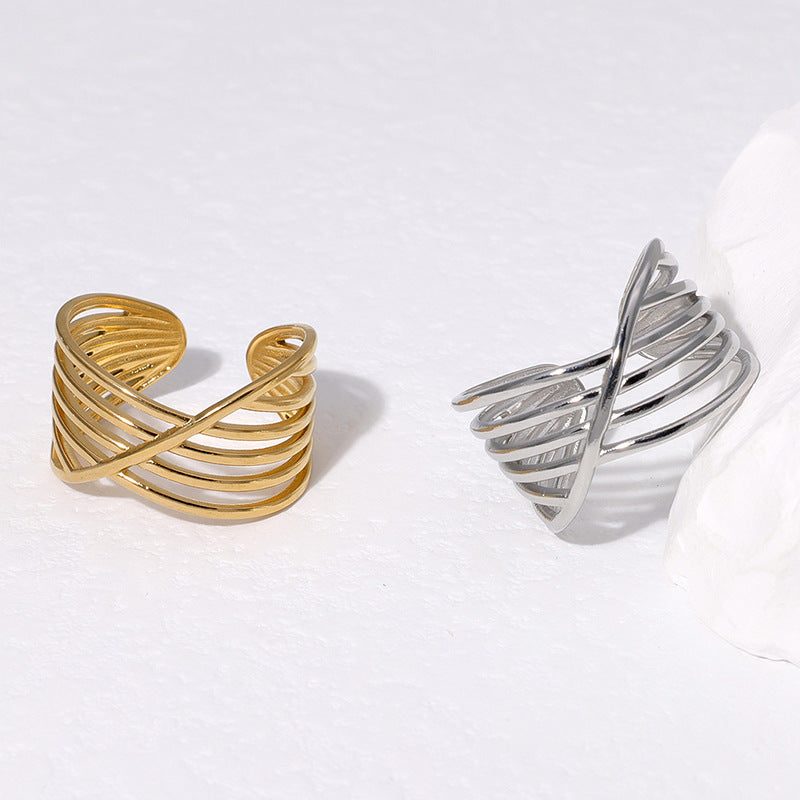 Anello Aperto da Donna Minimalista in Acciaio Inossidabile con Linee Geometriche e Finitura Placcata