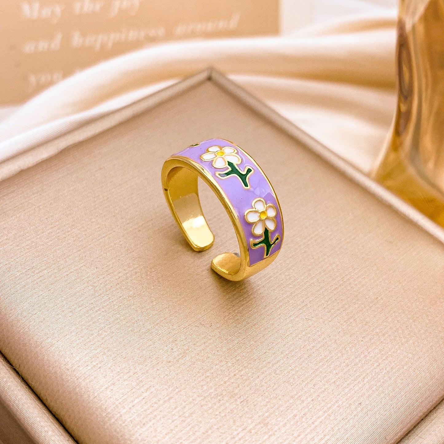 Sweet Minimalist Gold Plated Alloy Ring with Star Moon and Floral Design for Women