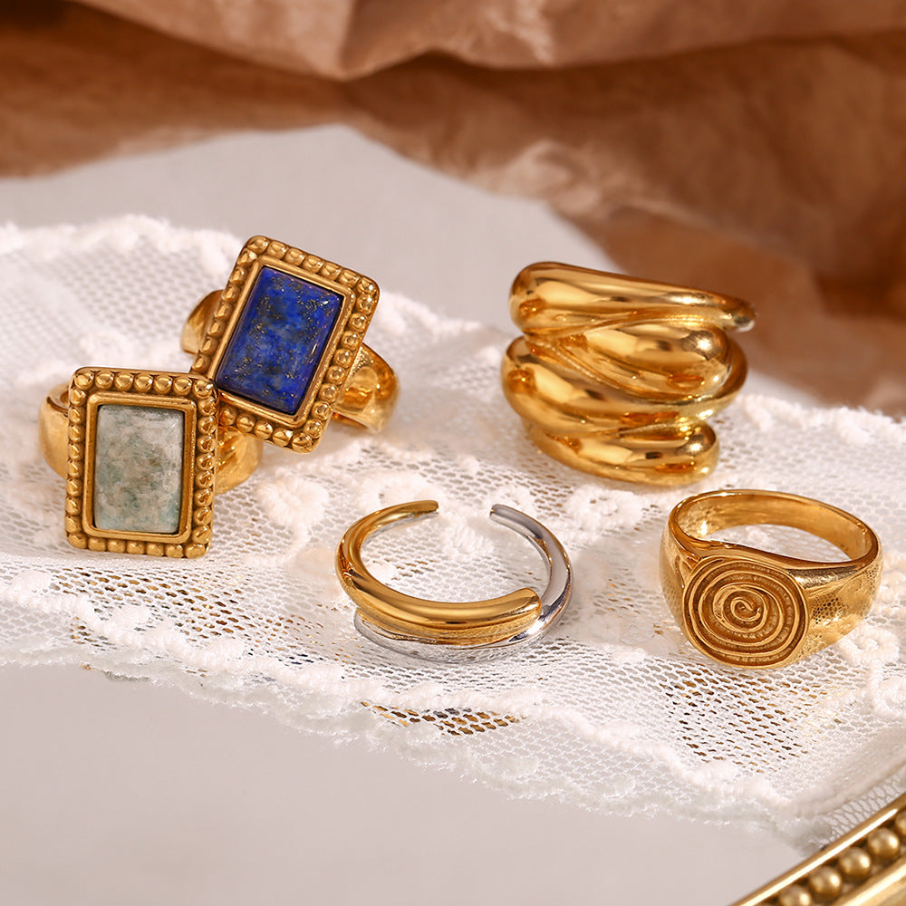 Anello Geometrico in Acciaio Inossidabile d'Ispirazione Vintage con Placcatura in Oro 18K e Accento a Goccia in Pietra Naturale