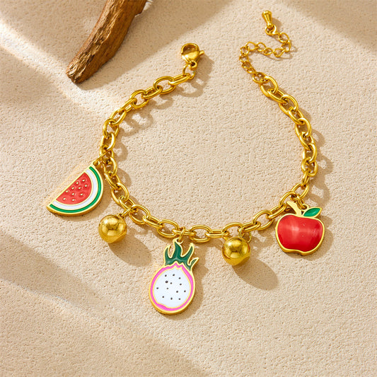 Cartoon Fruit-Shaped Enamel Pendant Bracelet for Women with Stainless Steel Chain in Dragon Fruit Watermelon and Apple Designs
